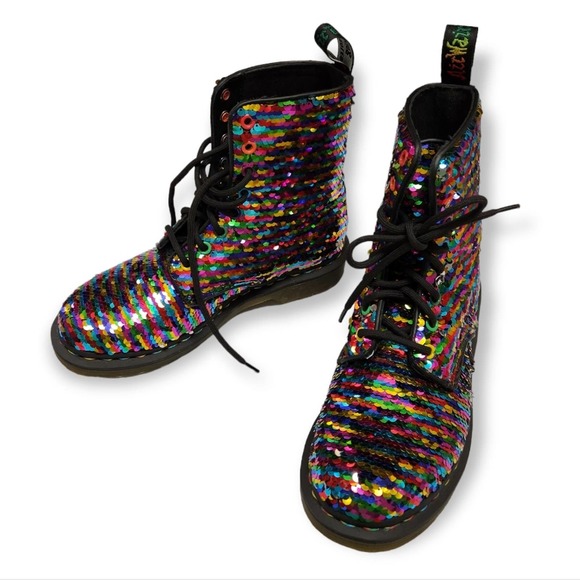 Dr Doc Martens Pascal Boots Sequin Rainbow / Silver Moto Size 5 UK / 7 Women's - Picture 2 of 12